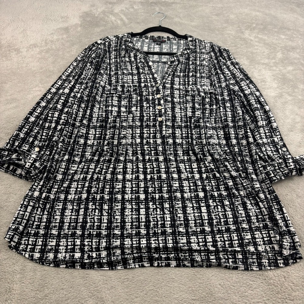 Cocomo Pintuck Tunic Top Womens 3X Black White3/4 Sleeve Artsy Lagen Mature Pius